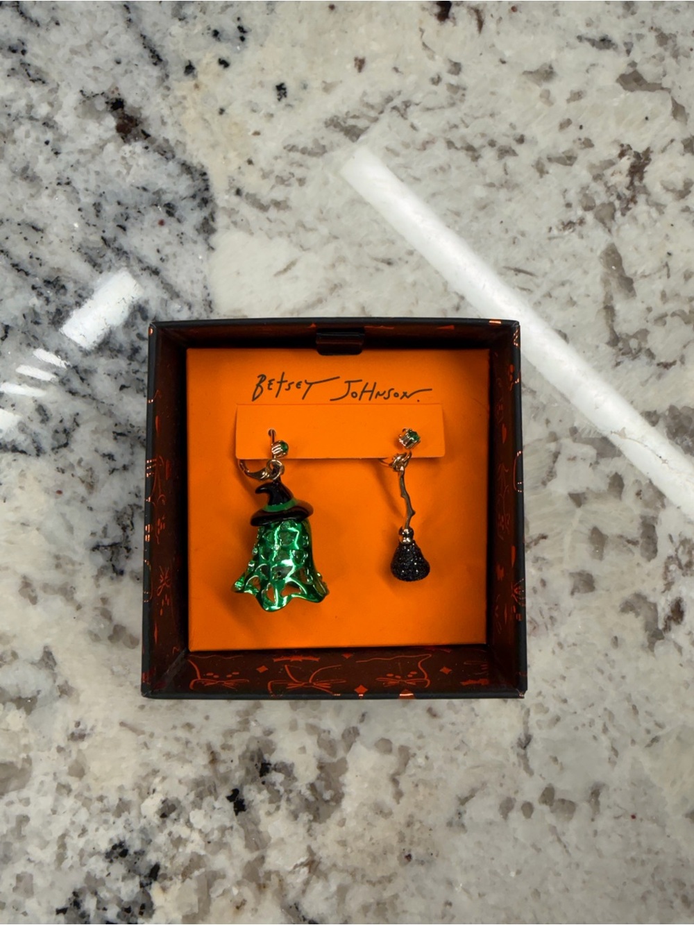 Betsey Johnson Green Ghost and Black Witch Hat Drop Earrings